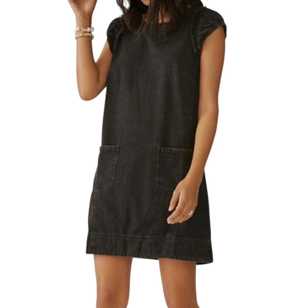 Pilcro Anthropologie Black Ruffle Shoulder Utility Mini Dress with Patch Pockets